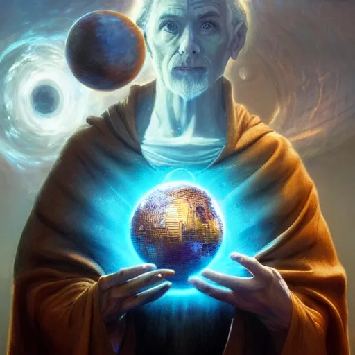 Image similar to the creator of worlds wearing a cloak and holding a holographic planet projection in his hand, detailed, sci - fi, digital painting, artstation, sharp focus, illustration, ominous, artgerm, tomasz alen kopera, peter mohrbacher, donato giancola, joseph christian leyendecker, wlop, frank frazetta