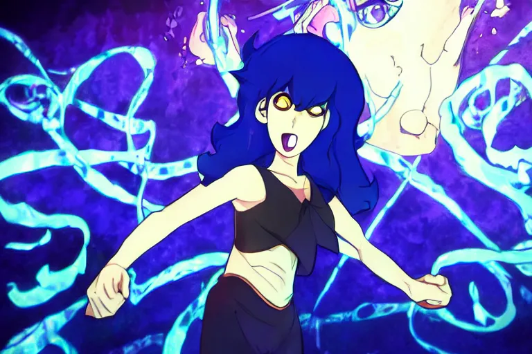 Prompt: lapis lazuli from steven universe is the blackened, danganronpa trial screenshot, art by rui komatsuzaki, detailed, incredible coloring and shading, from a video sequence, intense lighting