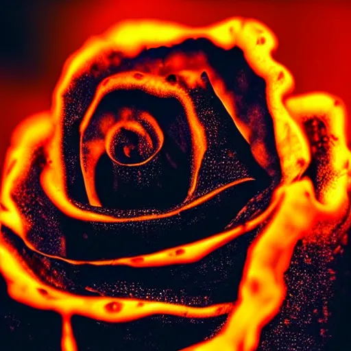 Image similar to award - winning macro of a beautiful black rose made of glowing molten magma, inner glow, lava texture