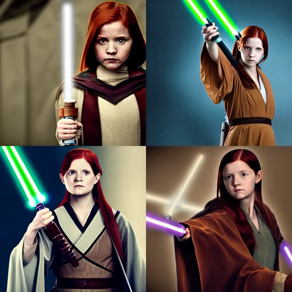 Prompt: Ginny Weasley as a Jedi, wearing Jedi robes, holding a lightsaber