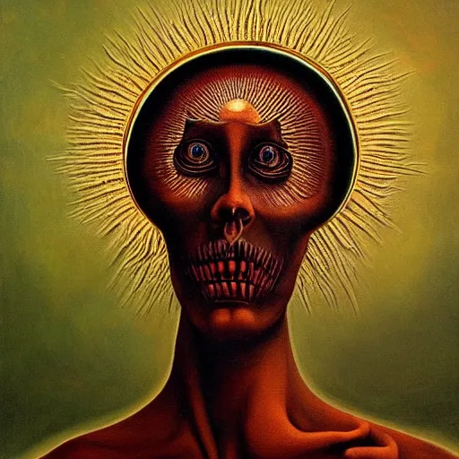 Prompt: the queen of the sun in the style of zdzisław beksiński and h.r. giger, oil on canvas, full body, open wide chest, intricately detailed artwork, full 8k high quality resolution, recently just found unknown masterpiece, renaissance painting, photorealism, 8k high detail, Sigma 85 mm f 1.4, Studio Light, Studio Ghibli, jacek yerka, alex gray, zdzisław beksiński, dariusz zawadzki, jeffrey smith and h.r. giger, oil on canvas, 8k highly professionally detailed, trending on artstation, her hair is thick and smooth, she is beautiful showing her true form