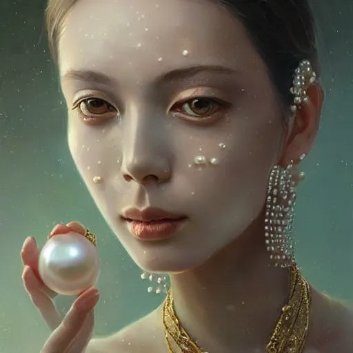 Image similar to a beautiful portrait of a pearl goddess with glittering skin, a detailed painting by greg rutkowski and raymond swanland, featured on cgsociety, fantasy art, detailed painting, artstation hd, photorealistic