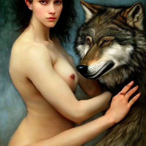 Image similar to of a beautiful brunette women with a wolf, intricate skin, fur, silicone cover, elegant, peaceful, full body, horns, hyper realistic, extremely detailed, dnd character art portrait, fantasy art, intricate fantasy painting, dramatic lighting, vivid colors, deviant art, artstation, by edgar maxence and caravaggio and michael whelan and delacroix