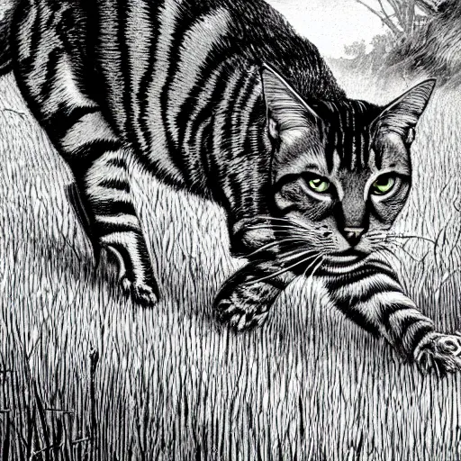 Prompt: tabby cat running through a grass meadow chasing mosquitoe dramatic lighting landscape widescreen “ gray ’ s anatomy ” “ bernie wrightson ” horror 1 0 2 4 x 1 0 2 4