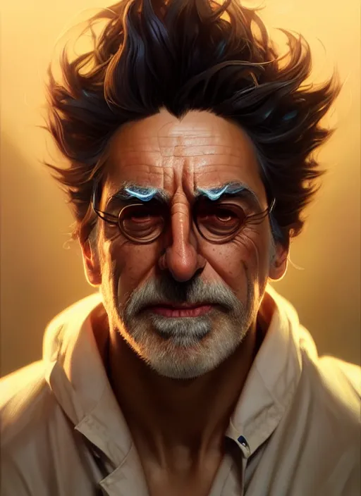 Image similar to ultra realistic illustration, handsome rick sanchez. intricate, highly detailed, digital painting, artstation, concept art, smooth, sharp focus, illustration, art by artgerm and greg rutkowski and alphonse mucha and wlop