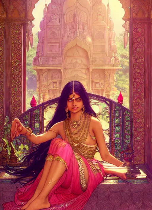 Image similar to an indian princess relaxing in her palace, shiny, fantasy, intricate, elegant, hyper detailed, ultra definition, photoreal, artstation, unreal engine rendered, concept art, smooth, sharp focus, illustration, art by artgerm and greg rutkowski and alphonse mucha and garis edelweiss