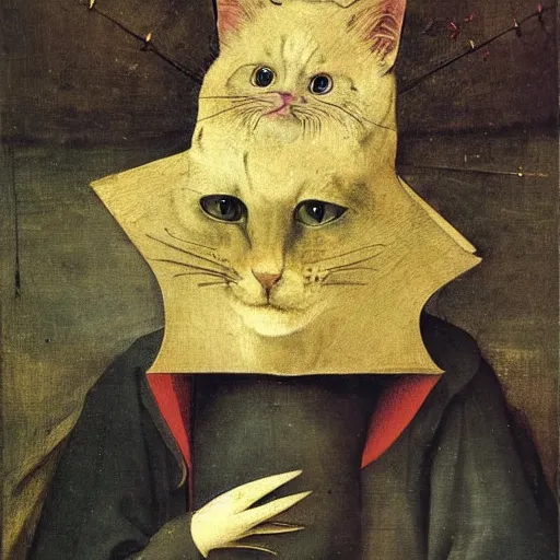 Prompt: stunning portrait of the cat of cheshire faithful to lewis carol's book description by hieronymus bosch