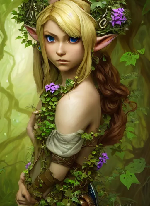 Image similar to beautiful full body portrait of the legend of Zelda ocarina of time great fairy, her body wrapped with ivy vines leaves and flowers, dark fantasy esoteric, D&D, fantasy, cinematic lighting, intricate, elegant, highly detailed, digital painting, artstation, concept art, matte, sharp focus, illustration, art by Artgerm and Tom Bagshaw and Greg Rutkowski and Alphonse Mucha