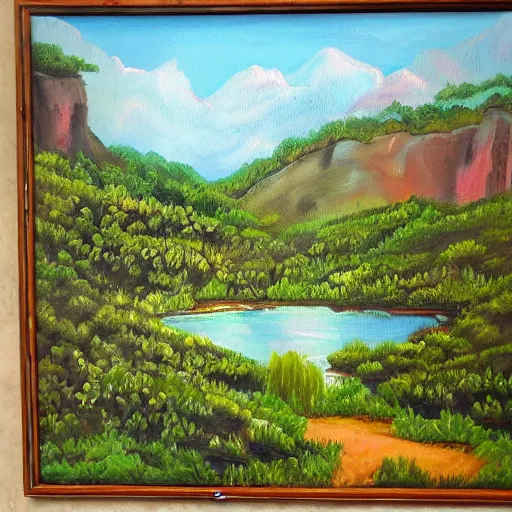 Image similar to painting of a lush natural scene on an alien planet by april m. rimpo. beautiful landscape. weird vegetation. cliffs and water.