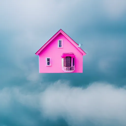 Image similar to a 5 0 mm lens photograph of a cute pink floating modern house, floating in the air between clouds, inspired by the movie up, held up from above by a heart - shaped ballon. mist, playful composition canon, nikon, award winning, photo of the year