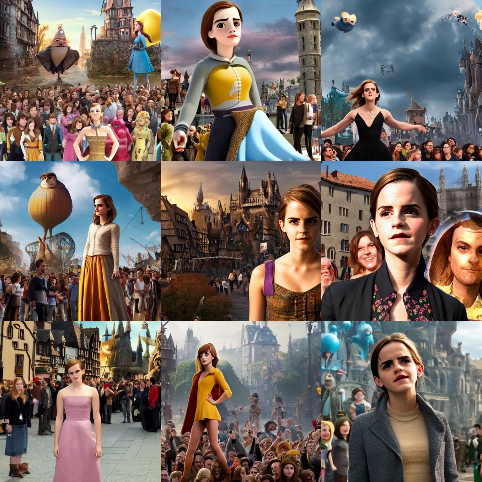 Prompt: Giant Emma Watson stands next to a town, surrounded by people, Pixar animation, Gulliver's Travels