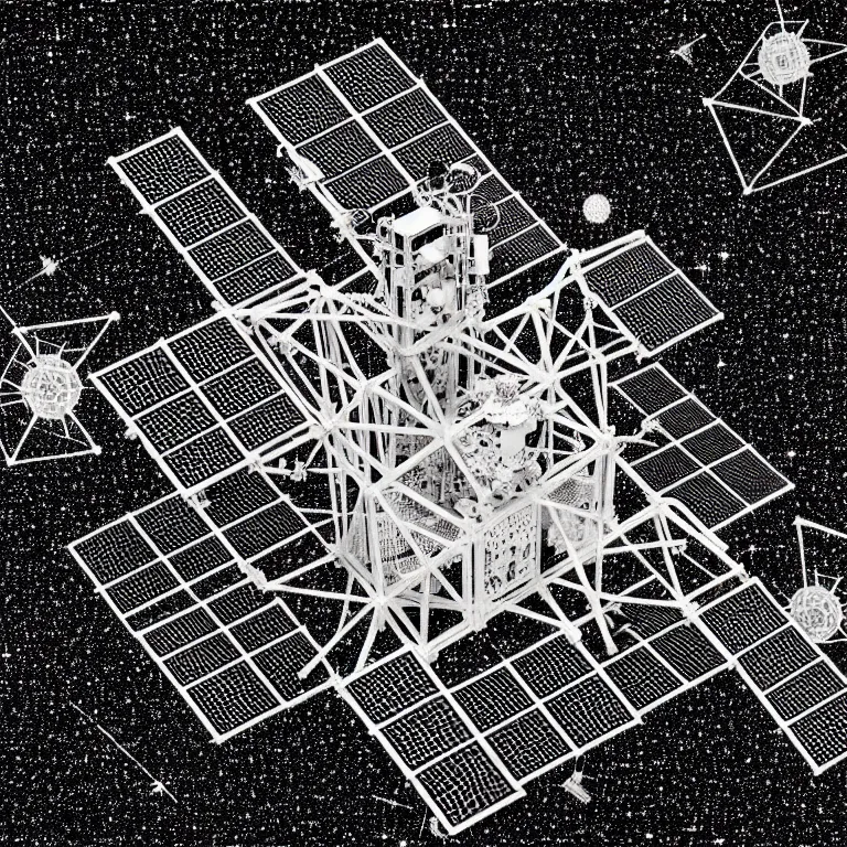 Prompt: a black and white drawing of a geometric lattice international space station made of chrome and filled with equipment, a microscopic photo by ernst haeckel, zbrush central, kinetic pointillism, intricate patterns, photoillustration