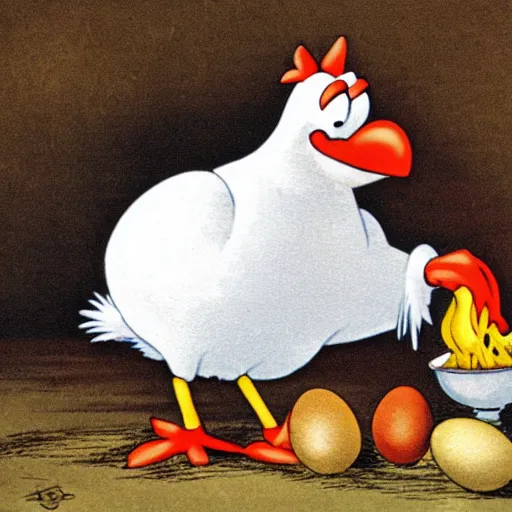 Prompt: foghorn leghorn eating a pile of eggs