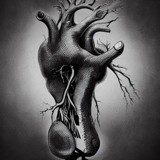 Prompt: drawing of hands ripping an anatomical heart into pieces, sadness, dark ambiance, concept by godfrey blow, featured on deviantart, sots art, lyco art, artwork, photoillustration, poster art