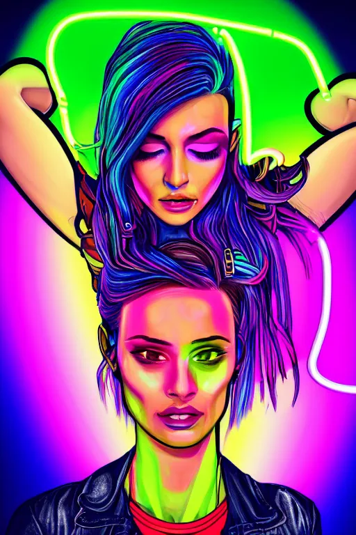 Image similar to a award winning half body portrait of a beautiful woman with stunning eyes in a croptop and cargo pants with rainbow colored ombre hairstyle head in motion and hair flying by thomas danthony, surrounded by whirling illuminated neon lines, outrun, vaporware, shaded flat illustration, digital art, trending on artstation, highly detailed, fine detail, intricate