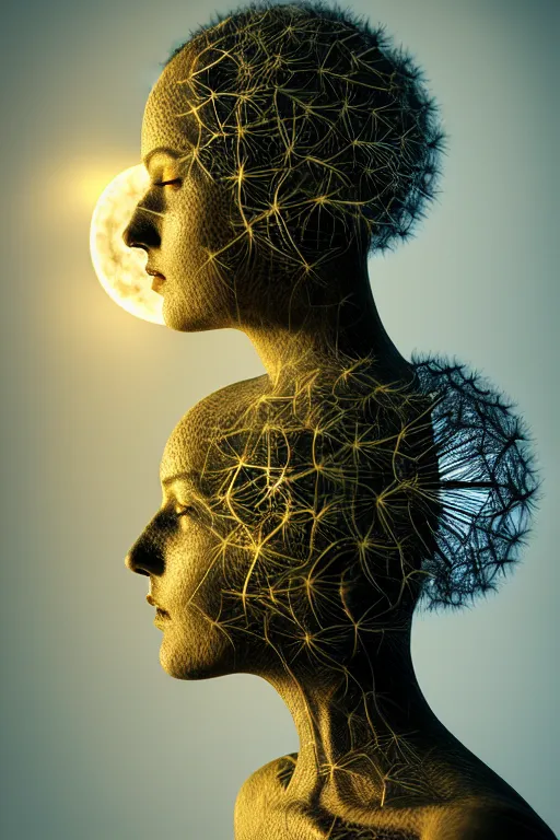 Image similar to intricate hyper detailed ultra sharp 3 d render of profile portrait, dark witch, leaves stems, unsplash model transparent fractal dandelion, moon in the background, yellow pistil filigree roots, intricate details, human face, facial features, elegant, hyper realistic, ultra detailed, octane render, volumetric cinematic lighting, 8 k post - production