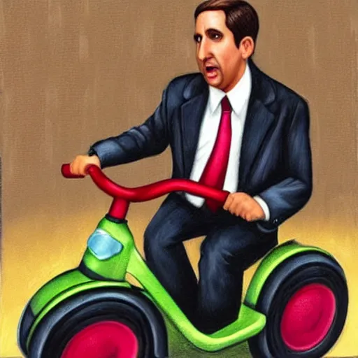 Prompt: Michael Scott on a tricycle, lowbrow painting by Mark Ryden