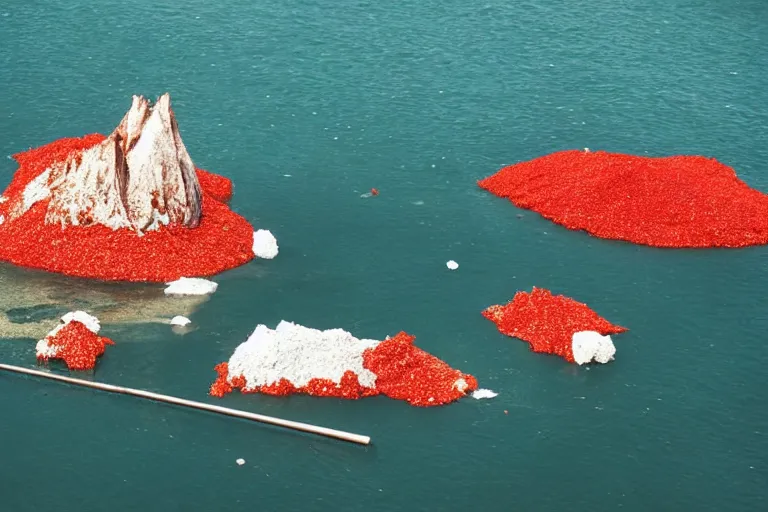 Image similar to an island made of food, around the island instead of water coca - cola ( dark brown ), instead of sand red caviar, instead of mountains ice cream with cherries, photo taken from a boat, 3 5 mm, cinematic