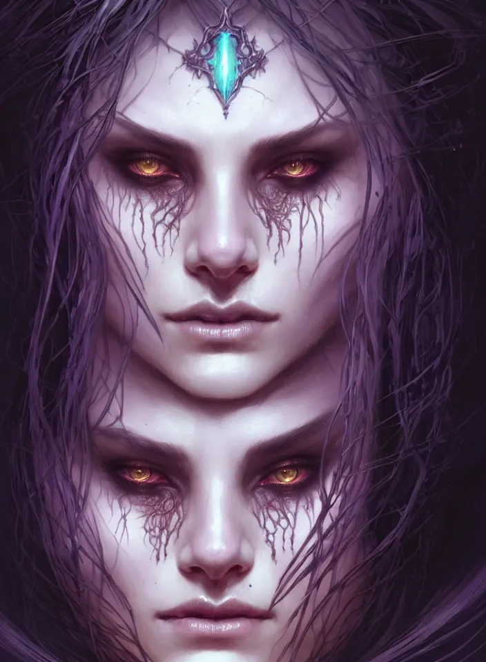 Prompt: Necromancer Sorceress face close-up in center, fantasy magic, undercut hairstyle, dark light night, intricate, elegant, sharp focus, illustration, highly detailed, digital painting, concept art, matte, art by WLOP and Artgerm and Greg Rutkowski and Alphonse Mucha, masterpiece