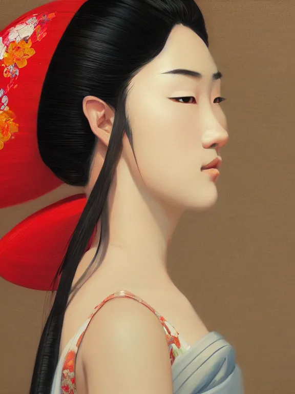 Image similar to an ultradetailed beautiful portrait painting of a geisha dancer, side view, oil painting, high resolution, by ilya kuvshinov, greg rutkowski and makoto shinkai