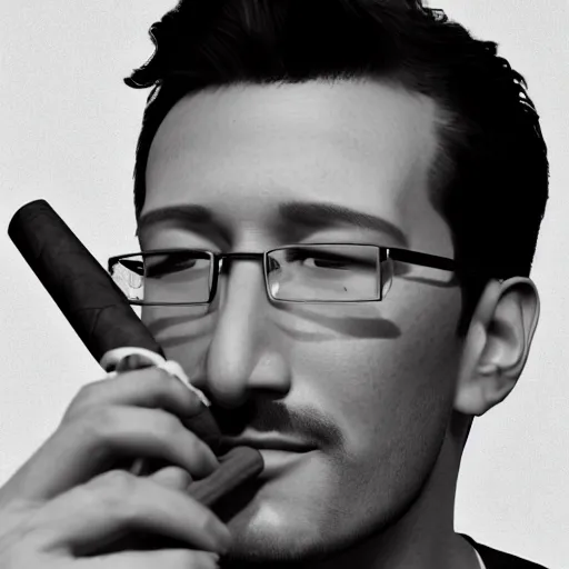 Image similar to a closeup photo of handsome gigachad markiplier smoking a cigar, 8k photorealism, extremly detailed, trending on artstation