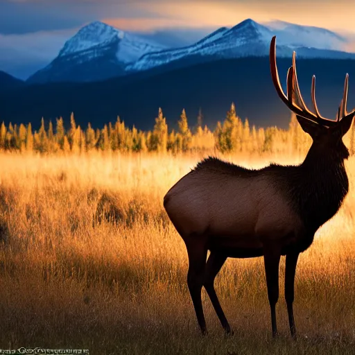 Prompt: statuesque elk in front of the Rocky Mountains at dawn, realistic, photograph, high quality, ultraHD, award winning, national geographic