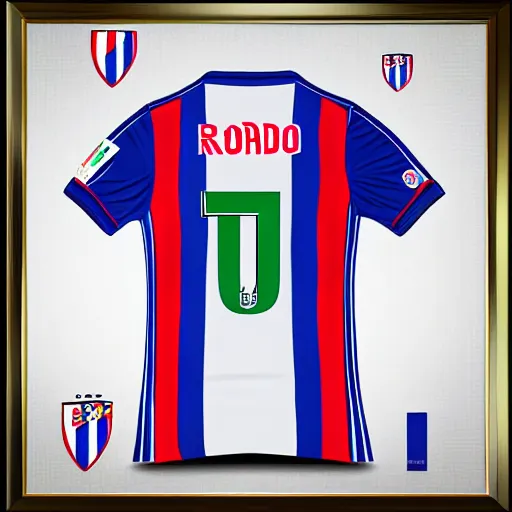 Image similar to cristiano ronaldo dressed with the atletico de madrid football team shirt, 4 k extremely photorealistic, high contrast colors, hyper detailed!!