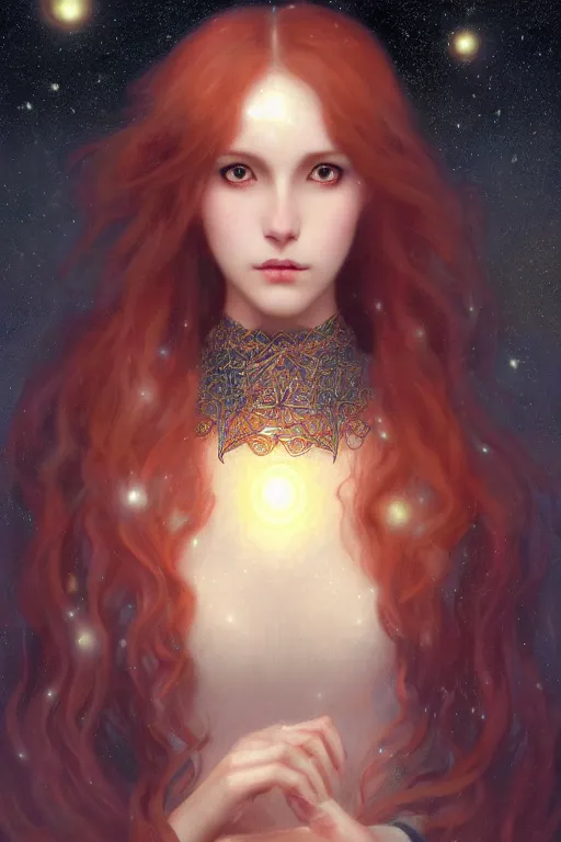 Image similar to Nocturne, glowing, stars, a long-legged occultist woman, long auburn hair, choker, highly detailed, mysterious, ethereal, sigils, haute couture, illustration, dramatic lighting, soft details, painting, by Edmund Blair Leighton, Brom, Charlie Bowater, trending on artstation, faces by otto schmidt