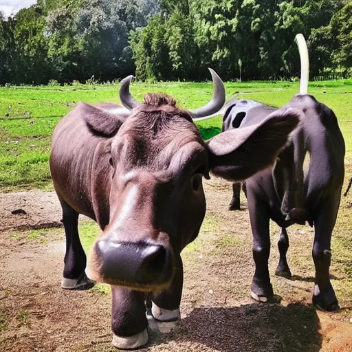 Image similar to selfie stick photo of a cow and it's hippopotamus best friend