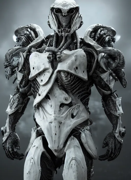 Prompt: a photorealistic dramatic hyperrealistic render of a predator the alien hunter in white bone armor, ultra realistic details, well worn by paul dave malla from artstation, beautiful dramatic dark moody tones and lighting, cinematic atmosphere, studio lighting, global illumination, shadows, dark background, concept design art octane render, 8 k