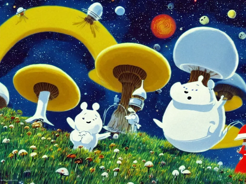 Image similar to moomins in space suits flying around with jetpacks discovering the mushroom planet, photorealistic painting, cgi, low light, movie still, very cozy and fluffy and sweet