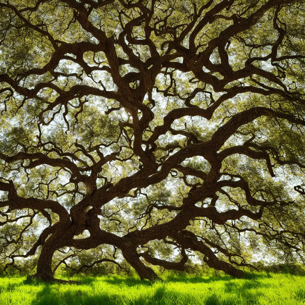 Image similar to old oak tree smoothly transitioning into four seasons of the year, the tree is growing on a meadow, cinematic lighting, photo realistic image, 4K, super detailed, cinematic look