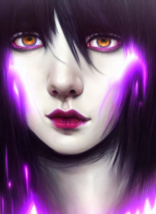 Image similar to hair blackbangs hair, white hair, blackbangswhitehair, portrait of teenage girl with black bangs, red irises, purple clothes, black bangs, bangs are white hair is black, intricate, elegant, glowing lights, highly detailed, digital painting, artstation, concept art, sharp focus, illustration, art by wlop, mars ravelo and greg rutkowski