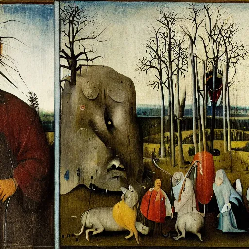 Prompt: hieronymus bosch, standing bear in the foreground, forest in the background