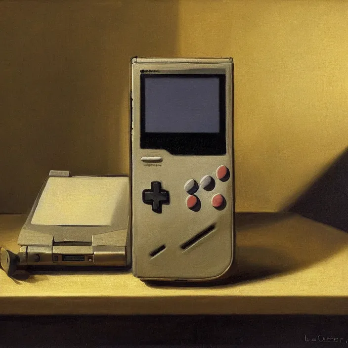 Prompt: still life painting of a gameboy by pieter claesz, oil on canvas, strong lighting, highly detailed, hyper realism, golden hour, god rays, hd, 4 k