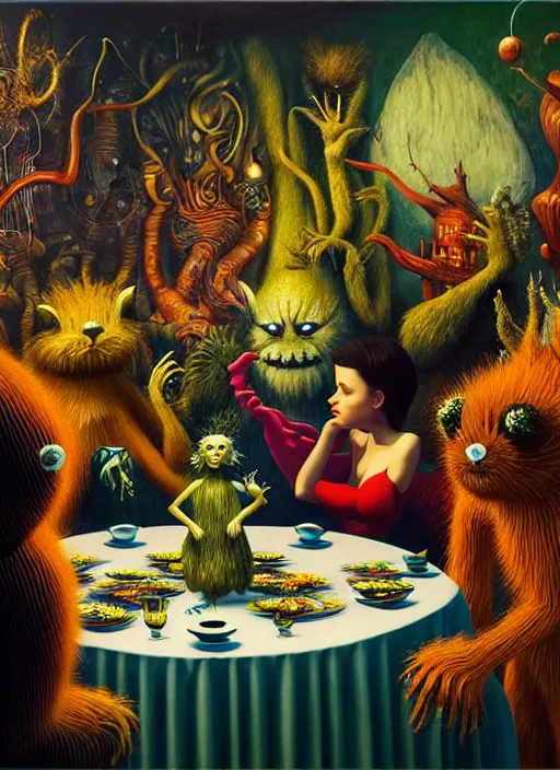 Prompt: hyper detailed 3d render, Oil painting, a decadent fairy dinner party - where the wild things are by Jacek Yerka, Mariusz Lewandowski, Houdini algorithmic generative render, Abstract brush strokes, Masterpiece, Edward Hopper and James Gilleard, Zdzislaw Beksinski, Mark Ryden, Wolfgang Lettl, hints of Yayoi Kasuma, octane render, 8k