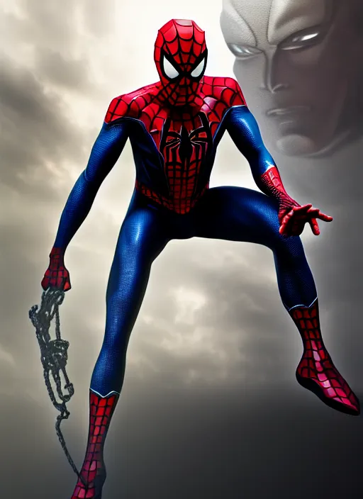 Image similar to cyber spider man as a brooding figure of the dark caught in the never - ending push and pull between good and evil, heaven vs. hell background, diffuse lighting, fantasy, intricate, highly detailed, lifelike, photorealistic, digital painting, artstation, illustration, concept art, smooth, sharp focus, art by john collier and albert aublet