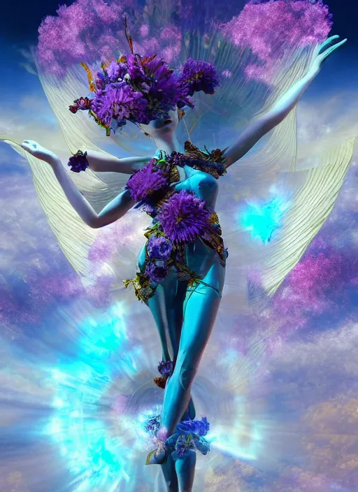 Prompt: flowers within the whole infinite capsule goddess apparent with awe the apparition, an idea seep's into infinity and gives me wings, highly detailed in volumetric latent space, golden turquoise steampunk, high contrast cinematic light, mystical shadows, sharp focus, divine realm of gods, octane render, artist by boris vallejo,