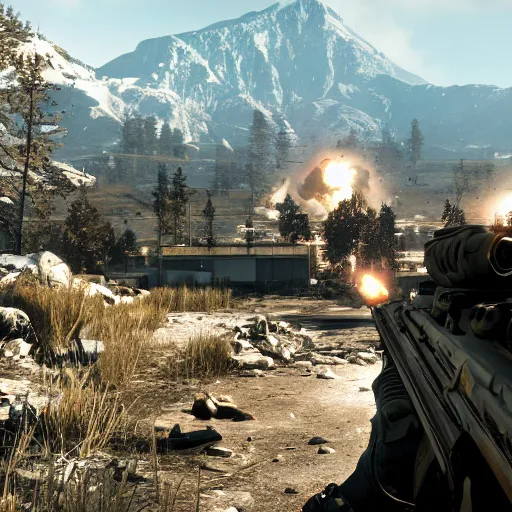 Image similar to Call of Duty gameplay, modern warfare, ak47, sunlight in the distance, a mountain in the distance, a granade explosion on the side, a character being shoot, realistic, sharp, 4k quality, illustration, artstation