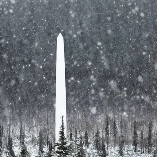 Image similar to a large, white obelisk floating above the ground in a taiga. snowing, grainy, overcast sky,
