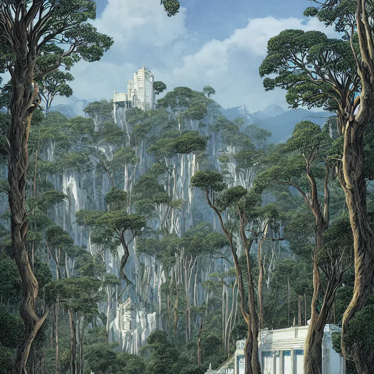 Prompt: a matte painting of a surreal white castle surrounded by exotic trees on a tall mountain by moebius