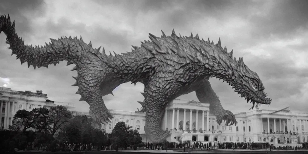 Prompt: Kaiju Trump attack Capitol, film still