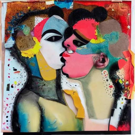 Prompt: two women kissing at a carnival, mixed media collage, futuristic, paper collage, magazine collage, acrylic paint splatters, bauhaus, claymation, layered paper art, sapphic visual poetry expressing the utmost of desires by jackson pollock