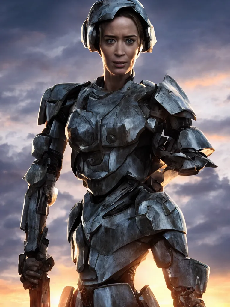 Image similar to emily blunt in futuristic power armor, close up portrait, solitary figure standing atop a pile of rubble, holding a sword on her shoulder, sunset and big clouds behind her