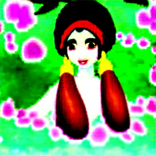 Image similar to an illustration of reimu in the jungle wearing bonnet