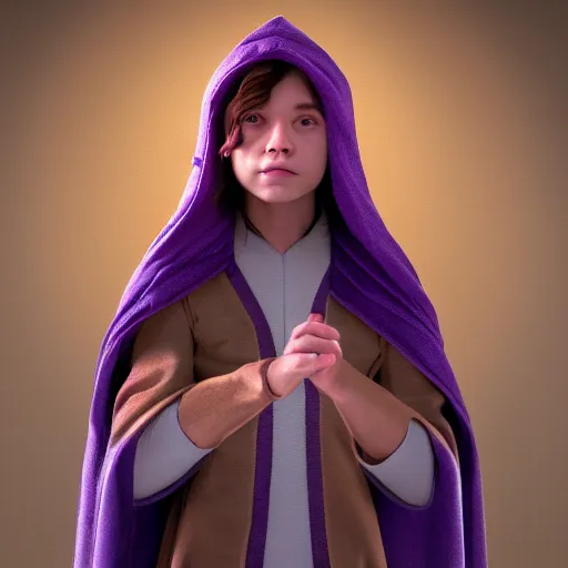 Prompt: portrait of lightfoot halfling wizard, brown hair, purple robes, holding blue wand, trending on artstation, cinematic lighting, hyper realism, octane render, 8 k, hyper detailed