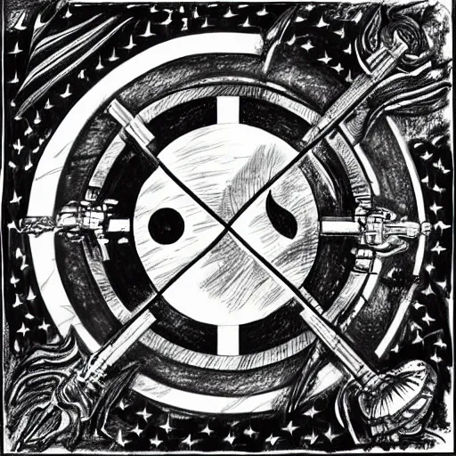 Image similar to a flag with yin - yang symbol on top of a armored battle tank in the middle of a world war 3 battlefield, a detailed pencil drawing by an alien from the future
