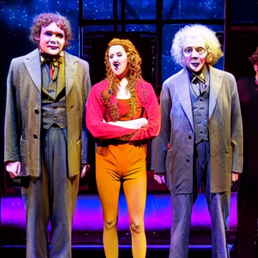 Image similar to quantum physics the musical on broadway, with isaac newton, albert einstein, the apple and the moon