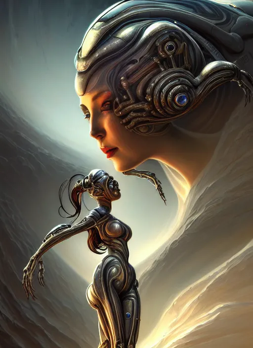 Prompt: closeup portrait shot of a female android woman in a scenic scifi environment, crazy, insanity intricate, elegant, highly detailed, centered, digital painting, artstation, concept art, smooth, sharp focus, warframe, illustration, hr giger, tomasz alen kopera, peter mohrbacher, donato giancola, leyendecker, boris vallejo