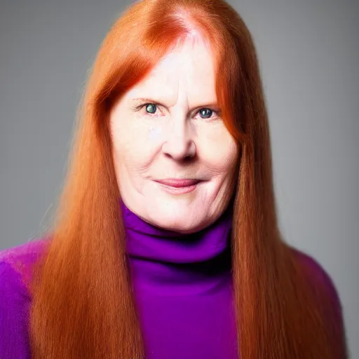 Prompt: mature woman with long ginger hair and purple eyes, high quality photo